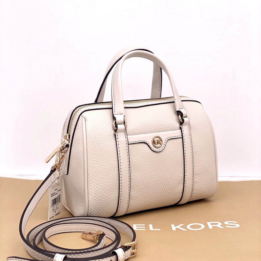 Michael Kors Travel Small Duffle Leather Crossbody Light Cream